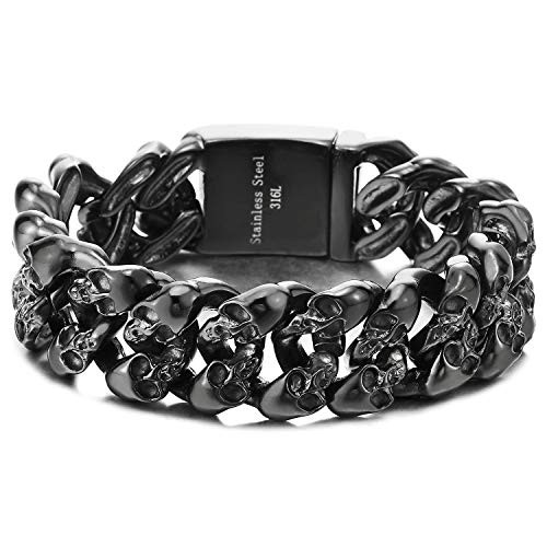 COOLSTEELANDBEYOND Biker Gothic Black Skull Link Stainless Steel Bracelet for Men 8 5 inch Vintage Old Metal Finishing COOLSTEELANDBEYOND Biker Gothic Black Skull Link Stainless Steel Bracelet for Men 8 5 inch Vintage Old Metal Finishing