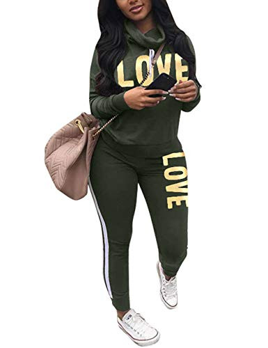 Women s Letter Print 2 Piece Outfit Cowl Neck Long Sleeve Sweatshirt and Pants Joggers Set Tracksuit Army Green X Large