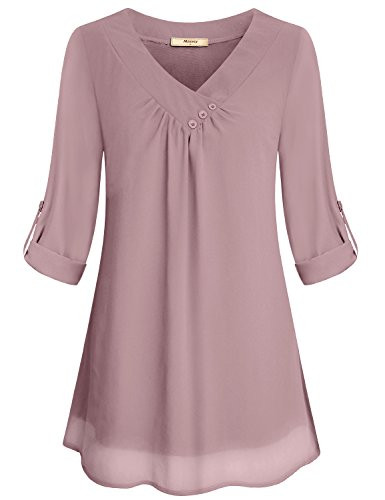 Ladies Chiffon Blouses Miusey Juniors Summer Casual V Neck 3 4 Cuffed Sleeve Pleated Curved Hem Office Flattering Flowy Shirts For Leggings Lightweight Tunic Tops Pink M