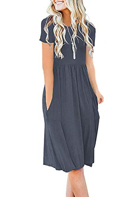 DB MOON Women Summer Casual Short Sleeve Dresses Empire Waist Dress with Pockets Purple Gray L DB MOON Women Summer Casual Short Sleeve Dresses Empire Waist Dress with Pockets Purple Gray L