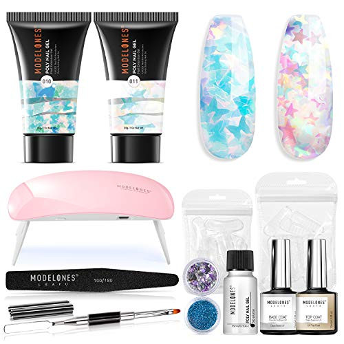 Modelones Poly Nail Extension Gel Kit 30ml 2PCS with LED U V Nail Lamp  Glitter Nail Enhancement Builder Gel with Slip Solution and All in one French Nail Art Design Beginner Kit
