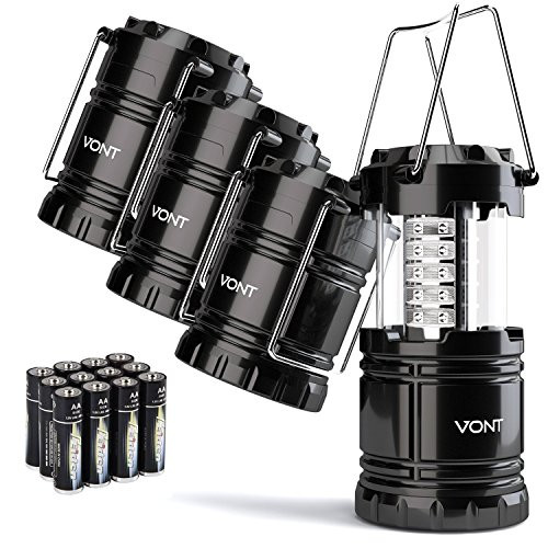 Vont 4 Pack LED Camping Lantern, Survival Kit for Hurricane, Emergency, Storm, Outages, Outdoor Portable Lantern, Black, Collapsible (Batteries Included)