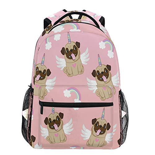 Oarencol Unicorn Pug Wings Rainbow Dog Heart Backpacks Bookbags Daypack Travel School College Bag