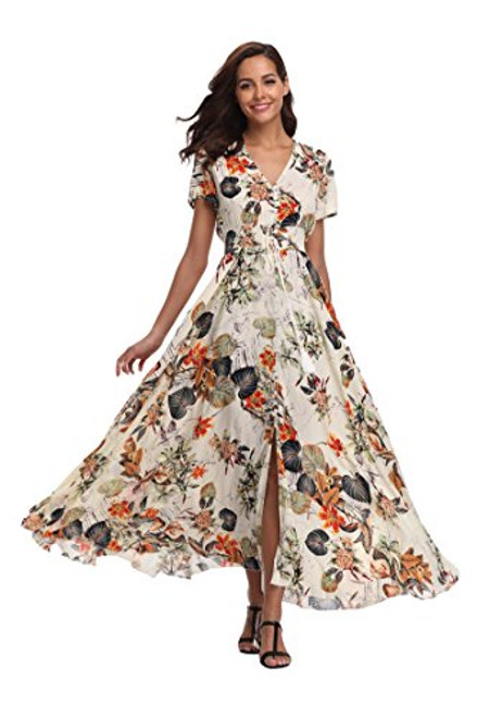 Ferrendo Women s Floral Maxi Dress Button Up Split Flowy Bohemian Party Beach Dresses Beige