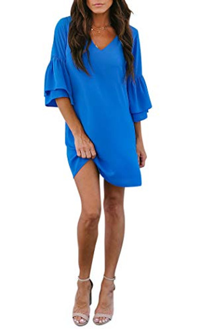 BELONGSCI Women s Dress Sweet   Cute V Neck Bell Sleeve Shift Dress Mini Dress Blue