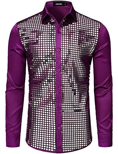 JOGAL Mens Dress Shirt Silver Sequins Long Sleeve Button Down 70s Disco Shirt Party Costume Medium A348 Purple