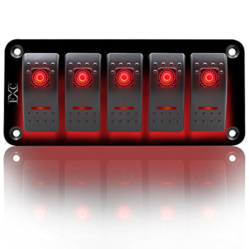 FXC Rocker Switch Aluminum Panel 5 Gang Toggle Switches Dash 5 Pin ON/OFF 2 LED Backlit for Boat Car Marine Red