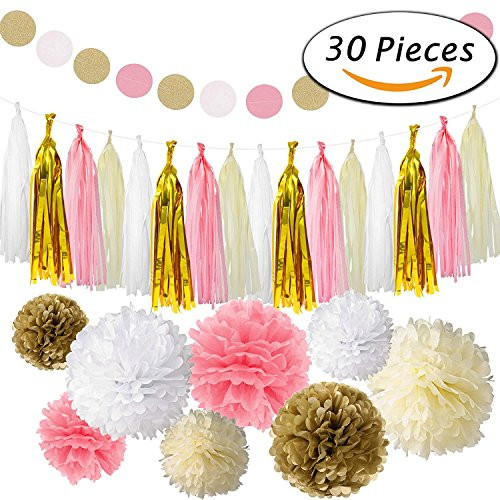 Rubikliss 30 Pcs Tissue Paper Pom Poms Flowers Tissue Tassel Garland Polka Dot Paper Garland Kit for Wedding Party Decorations