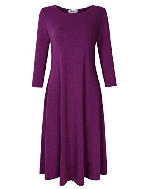 MISSKY Scoop Neck 3 4 Sleeve Pocket Casual Loose Swing Midi Dress Purple L
