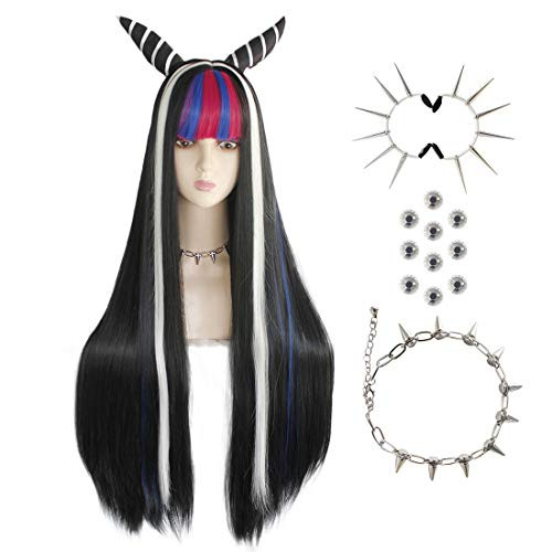 IMEYLE Wig?Necklace And earings?Multi colored Anime Cosplay Wig For Women Black and White Long Straight Wig With Blue And Red Bangs Synthetic Wig For Costume IMEYLE Wig?Necklace And earings?Multi colored Anime Cosplay Wig For Women Black and White Long Straight Wig With Blue And Red Bangs Synthetic Wig For Costume