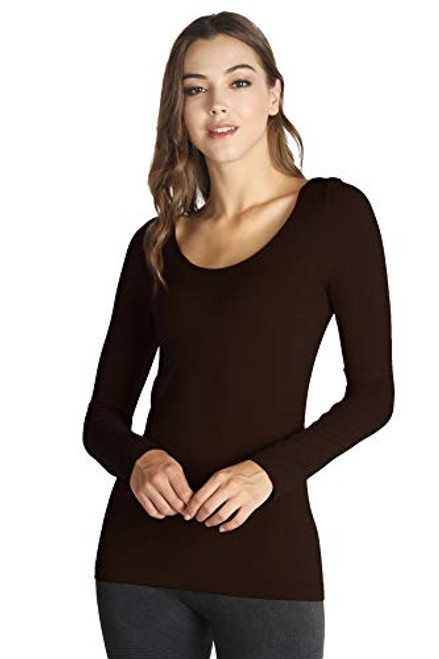 NIKIBIKI Women Seamless Long Sleeve Scoop Neck Top  Made in U S A  One Size  Dark Brown