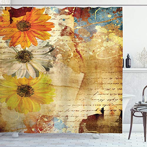 Ambesonne Grunge Shower Curtain  Flowers and Lettering Poetry Orange Yellow Daisy Grunge Art with Paint Splashes Graphic  Cloth Fabric Bathroom Decor Set with Hooks  70 Inches  Multicolor