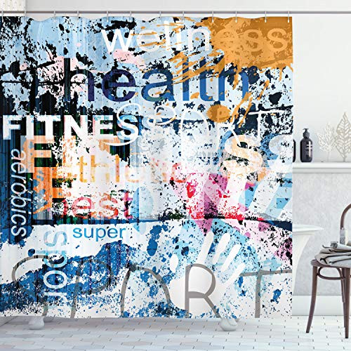 Ambesonne Fitness Shower Curtain  Health Wellness Aerobics Sports Words Illustration on Grunge Vintage Style Backdrop  Cloth Fabric Bathroom Decor Set with Hooks  70  Long  Blue Black