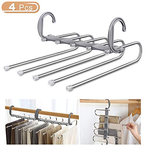WAOU Massy Pants Hangers Multi Layer Hanging Pants 5 in 1 Pants Rack Stainless Steel Pants Hangers Folding Storage Rack Space Saver Storage for Trousers Scarf Tie Belt Adjustable Gary  4 Pack