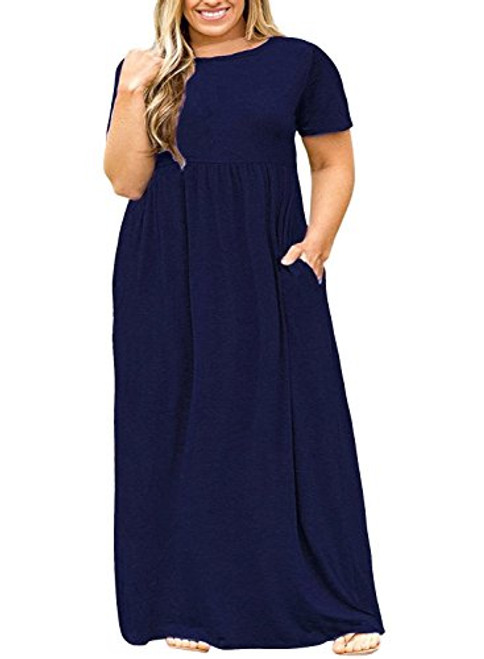 POSESHE Women Short Sleeve Loose Plain Casual Plus Size Long Maxi Dress with Pockets Navy Blue 2XL