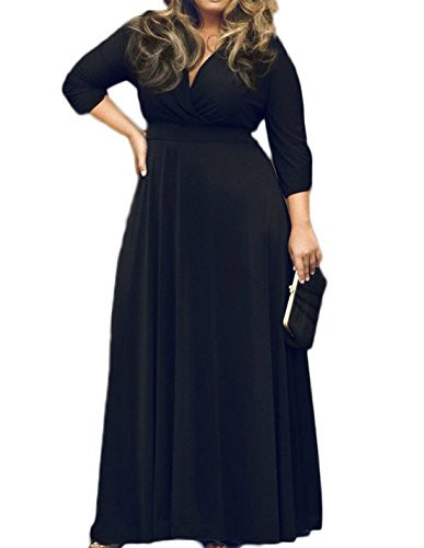 POSESHE Women s Solid V Neck 3 4 Sleeve Plus Size Evening Party Maxi Dress Black 3X Large