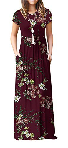 VIISHOW Women s Short Sleeve Floral Printed Dress Loose Plain Maxi Dresses Casual Long Dresses with Pockets Floral Wine red XL
