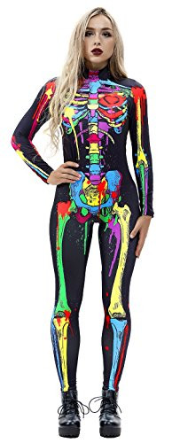 JomeDesign Womens 3D Skeleton Halloween Costumes Cosplay Jumpsuit Bodysuit Colorful Skull X Large