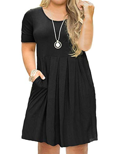 Tralilbee Women Plus Size Casual Loose Soft Crewneck Pockets Stretchy Swing T Shirt Dress Black 3XL