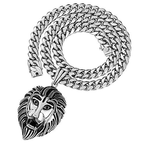 W W Lifetime Huge Lion Necklace 18K Gold Stainless Steel Head Pendant Necklace Mens Hip Hop Rapper with 14MM Miami Cuban Link Chain 30inches Silver
