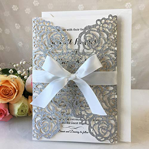 KUCHYNEE 20PCS Silver Wedding Invitations Cards Laser Cut Rose Flowers with Ivory Ribbons Pearl Paper Insert for Bridal Shower Engagement Birthday Graduation Invitation Cards  Silver Glitter