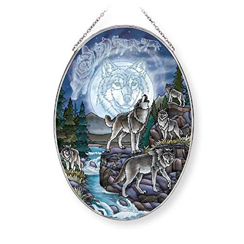 Amia Moon Wolf  Large Oval Glass Suncatcher Multicolored
