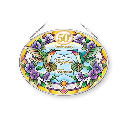 Amia 50th Anniversary Hummingbird Couple  Medium Oval Glass Suncatcher  Multicolored