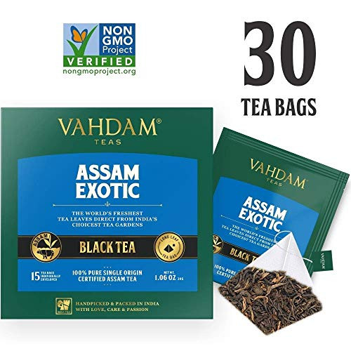VAHDAM, Assam Black Tea (30 Tea Bags) - Long Leaf Assam Tea Bags - RICH & MALTY - Breakfast Tea Bags, FTGFOP1 Grade, 100% Certified Pure Unblended Assam Tea Loose Leaf - 15 Pyramid Tea Bags (Set of 2) VAHDAM, Assam Black Tea (30 Tea Bags) - Long Leaf Assam Tea Bags - RICH & MALTY - Breakfast Tea Bags, FTGFOP1 Grade, 100% Certified Pure Unblended Assam Tea Loose Leaf - 15 Pyramid Tea Bags (Set of 2)