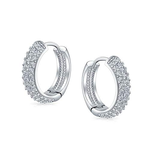 Bridal Fashion Wedding 3 Three Row Cubic Zirconia Pave CZ Endless Huggie Hoop Earrings For Women Hinged Silver Plated  65 Inch Diameter