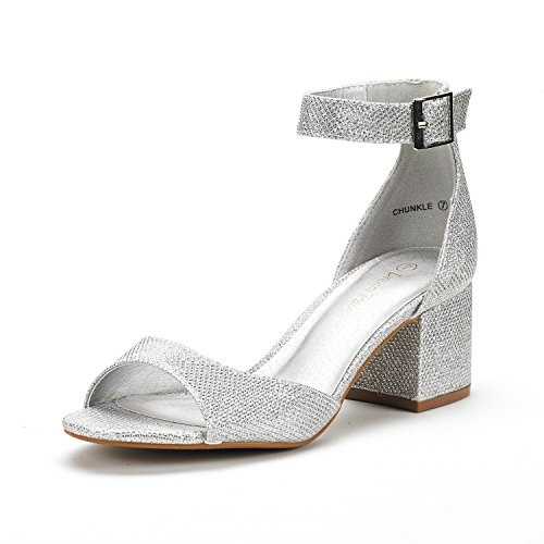 DREAM PAIRS Women s Chunkle Silver Glitter Low Heel Pump Sandals Ankle Strap Dress Shoes   7 5 M US