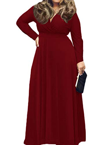 POSESHE Women s Plus Size Solid V Neck Long Sleeve Evening Party Maxi Dress  2X Large  01 Wine Red