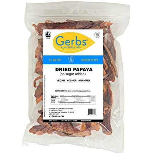 GERBS Unsweetened Dried Papaya Slices  32 ounce Bag  Unsulfured  Preservative  Top 14 Food Allergy Free