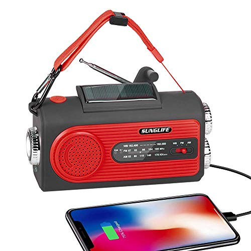 SUNGLIFE Solar Crank NOAA Weather Radio for Emergency with AM FM  Flashlight  Reading Lamp  2000mAh Power Bank USB Charger and SOS Alarm  Red