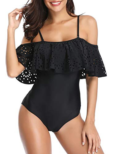 Tempt Me Women One Piece Lace Ruffled Swimsuit Off Shoulder Bathing Suit Black S
