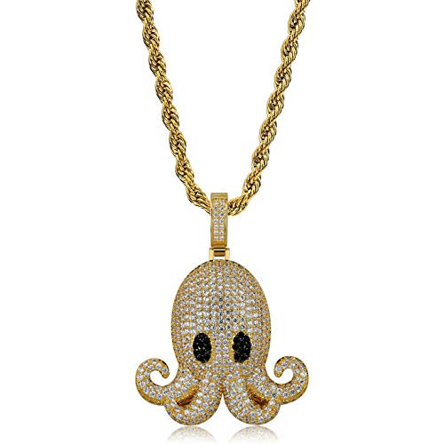 JINAO 18K Gold Plated Iced Out Hollow Octopus Pendant Necklace 24 Stainless Steel Rope Chain Hip Hop Jewelry Gold JINAO 18K Gold Plated Iced Out Hollow Octopus Pendant Necklace 24 Stainless Steel Rope Chain Hip Hop Jewelry Gold
