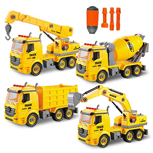 Toy To Enjoy 4-in-1 Take Apart Construction Truck Toy  Builds Dump Truck, Cement Mixer, Excavator & Crane  STEM Learning Toy & DIY Building Play Set for Kids