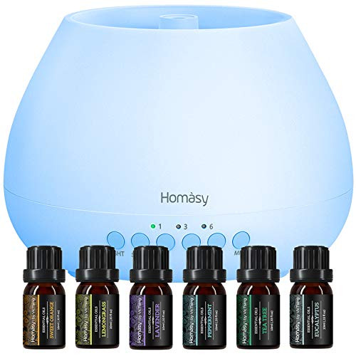 Homasy Essential Oil Diffuser with Oils  Oil Diffuser with 6 Essential Oils Set  8 Color Lights and Sleep Mode for Bedroom   500 Milliliter  White