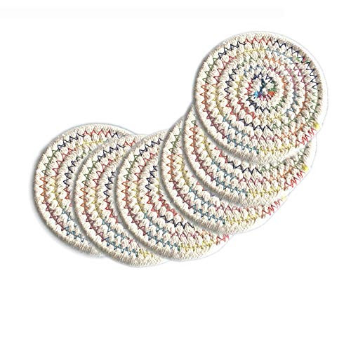 6x Braided Coaster For Drink Dining Table Absorbent Woven Coasters Set Living Room Office Colorful (Round)