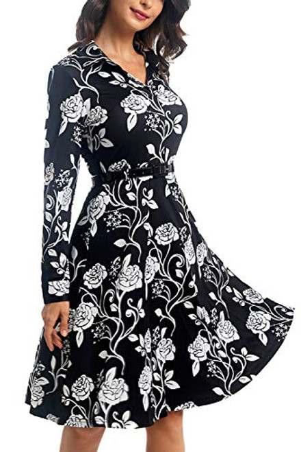 Womens Casual Floral Long Sleeve Midi Dress Mandarin Collar V Neck Swing Tunic with Belt