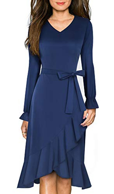 HOMEYEE Women s Vintage V Neck Ruffle Flared Swing Casual Cocktail Party Dresses A184 Dark Blue 10 HOMEYEE Women s Vintage V Neck Ruffle Flared Swing Casual Cocktail Party Dresses A184 Dark Blue 10