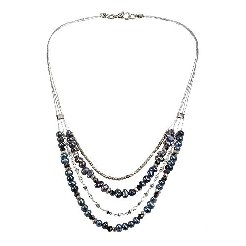 AeraVida Elegant Cultured Freshwater Black Pearl and Silver Chain Layered Statement Necklace AeraVida Elegant Cultured Freshwater Black Pearl and Silver Chain Layered Statement Necklace