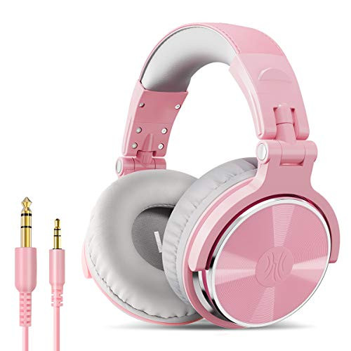 OneOdio Over Ear Headphone  Wired Bass Headsets with 50mm Driver  Foldable Lightweight Headphones with Shareport and Mic for Recording Monitoring Mixing Podcast Guitar PC TV  Light Pink