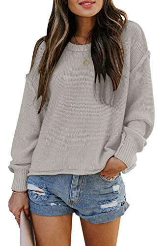 TARSE Womens Drop Shoulder Crewneck Sweater Long Loose Lantern Sleeve Pullover Tops  Beige  M