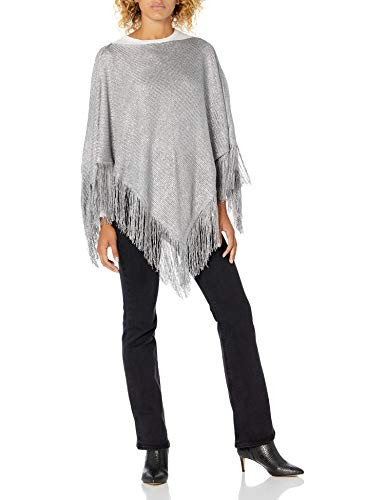 Steve Madden Women s Lurex Knit Poncho with Fringe  Pewter  One Size