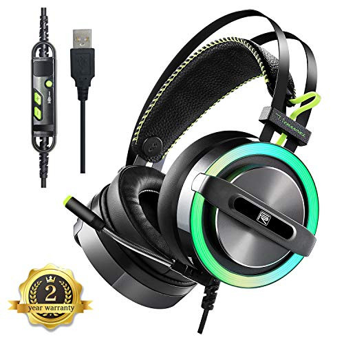 Gaming Headset, 7.1 Surround Sound Gaming Headphones, Noise Cancelling Over Ear USB Headphones with Mic, LED Light, Bass Surround, Mic & Volume Control, Soft Memory Earmuffs for PC, PS4, Laptops