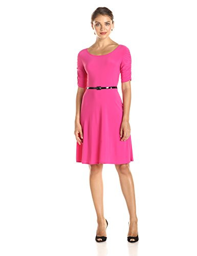 Star Vixen Women s Rouched Elbow Sleeve Skater Dress with Belt  Solid Fuchsia  Medium