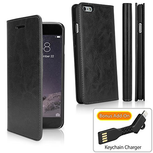 iPhone 6 Case  BoxWave  Designio Leather Wallet Case with Bonus Keychain Charger  Real Leather Wallet Cover with 3 Credit Card Slots for Apple iPhone 6  6s   Nero Black