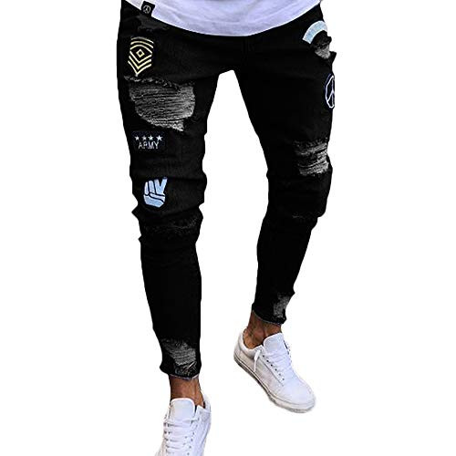 Nutriangee Men s Moto Biker Jeans Distressed Ripped Holes Skinny Slim Fit Denim Pants with Patches  01 Black  W34