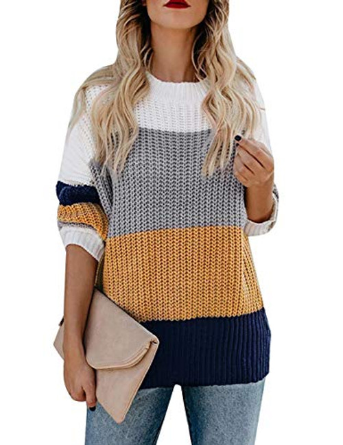 MEROKEETY Women s Crew Neck Long Sleeve Color Block Knit Sweater Casual Pullover Jumper Tops Mustard