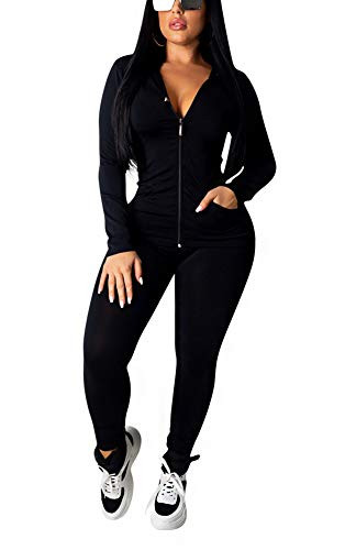 Women 2 Piece Outfits Tracksuit Jumpsuits Long Sleeve Zipper Drawstring Hooded Sweatshirt Jacket and Bodycon Long Pants Set Sports Sweatsuits Jogging Suits Clubwear Black  Large